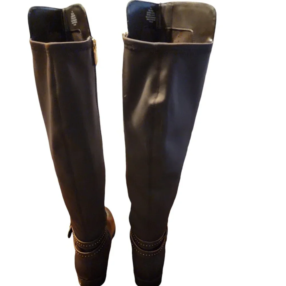 Size 9 Bandolino Cassia Tall Leather & Knit Mesh Form Fit Boots Buckle & Studs - Picture 6 of 8